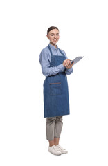 Beautiful young woman in clean denim apron with clipboard on white background