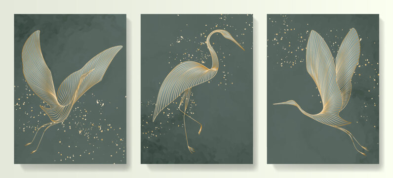 Dark blue art background with birds in gold line art hand drawn style. Animalistic set of posters for decoration, interior design, print, wallpaper, packaging, textile, invitations.