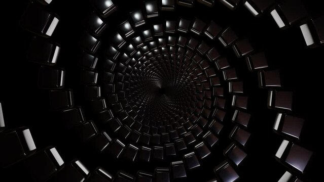 Black rotating spiral shiny cube tunnel illusion black background