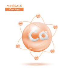 Minerals calcium atom surrounded by electrons cream. Icon 3D isolated on a white background. Medical scientific concepts. 3D Vector EPS10 illustration.
