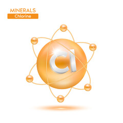 Minerals Chlorine atom surrounded by electrons orange. Icon 3D isolated on a white background. Medical scientific concepts. 3D Vector EPS10 illustration.