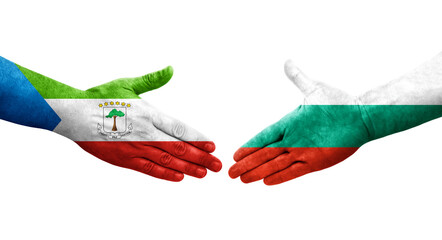 Handshake between Bulgaria and Equatorial Guinea flags painted on hands, isolated transparent image.