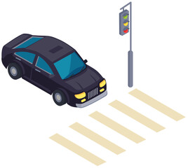 Car near pedestrian crossing on street. Driver stops in front of crosswalk. Movement and transportation in city. Track with car and road marking. Automobile stands at traffic light near crosswalk