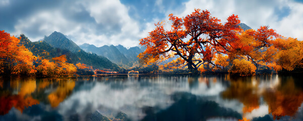 Mountain panorama of a beautiful alpine autumn view with reflections in a lake. Mountain landscape, lake and mountain range, large panorama. 3d render
