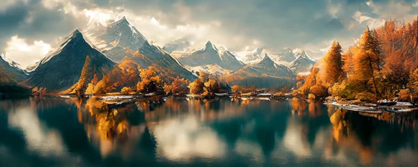 Bergpanorama einer wunderschönen alpinen Herbstansicht mit Spiegelungen in einem See. Berglandschaft, See und Bergkette, großes Panorama. 3D-Rendering © Viks_jin