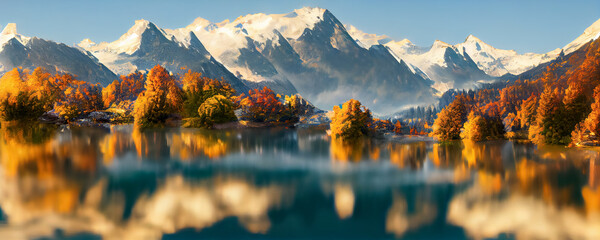 Mountain panorama of a beautiful alpine autumn view with reflections in a lake. Mountain landscape, lake and mountain range, large panorama. 3d render
