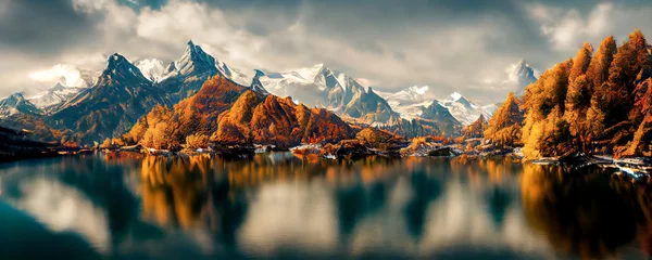 Bergpanorama einer wunderschönen alpinen Herbstansicht mit Spiegelungen in einem See. Berglandschaft, See und Bergkette, großes Panorama. 3D-Rendering © Viks_jin