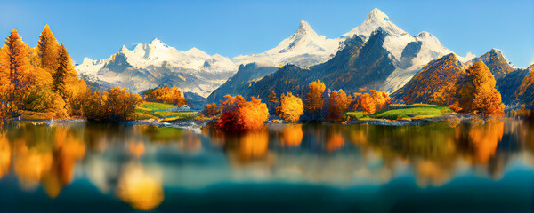 Bergpanorama einer wunderschönen alpinen Herbstansicht mit Spiegelungen in einem See. Berglandschaft, See und Bergkette, großes Panorama. 3D-Rendering © Viks_jin