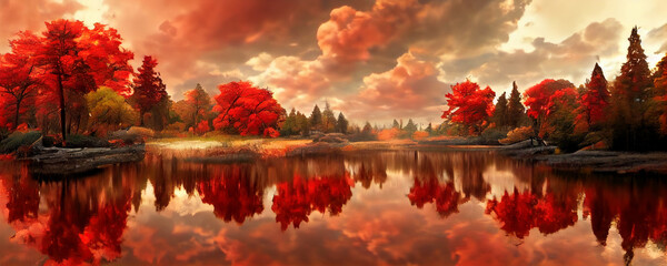 Schönes Panorama des Herbstlaubs im See. Herbstliche Waldseereflexion. Herbstwald spiegelt sich im Seewasser wider. 3D-Rendering