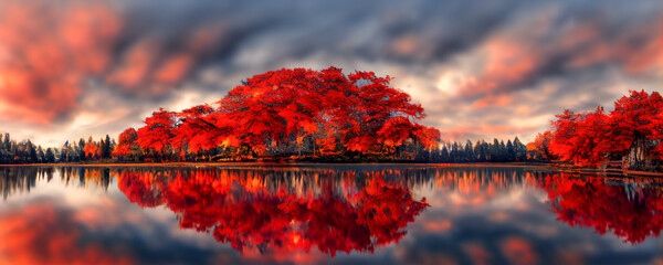 Schönes Panorama des Herbstlaubs im See. Herbstliche Waldseereflexion. Herbstwald spiegelt sich im Seewasser wider. 3D-Rendering © Viks_jin