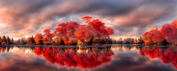 Schönes Panorama des Herbstlaubs im See. Herbstliche Waldseereflexion. Herbstwald spiegelt sich im Seewasser wider. 3D-Rendering © Viks_jin