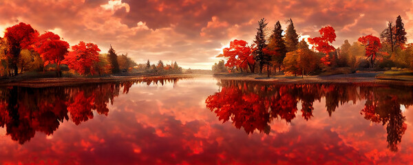 Schönes Panorama des Herbstlaubs im See. Herbstliche Waldseereflexion. Herbstwald spiegelt sich im Seewasser wider. 3D-Rendering © Viks_jin