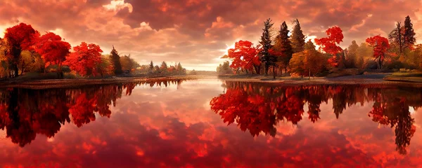 Schönes Panorama des Herbstlaubs im See. Herbstliche Waldseereflexion. Herbstwald spiegelt sich im Seewasser wider. 3D-Rendering © Viks_jin