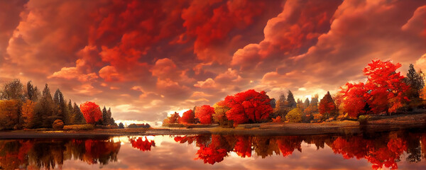 Schönes Panorama des Herbstlaubs im See. Herbstliche Waldseereflexion. Herbstwald spiegelt sich im Seewasser wider. 3D-Rendering © Viks_jin