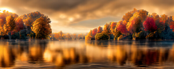 Schönes Panorama des Herbstlaubs im See. Herbstliche Waldseereflexion. Herbstwald spiegelt sich im Seewasser wider. 3D-Rendering © Viks_jin