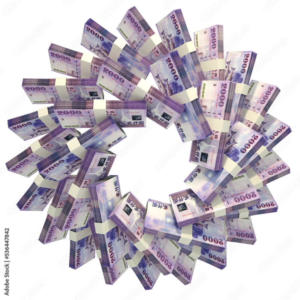Poster 3d rendering of stacks of new taiwan dollar arranged in a circular pattern.