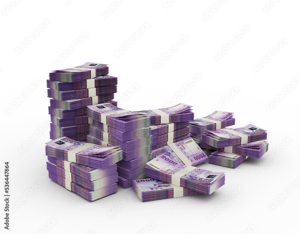 Poster stack of new taiwan dollar notes. 3d rendering of bundles of money isolated on white background