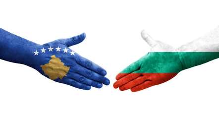 Handshake between Bulgaria and Kosovo flags painted on hands, isolated transparent image.