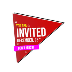 invitation banner with save the date text. memphis theme and red background.triangle shape badge