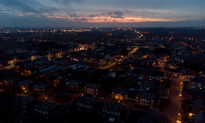 Aerial view over the Flemish town of Baasrode (in Dendermonde municipality), at nightfall