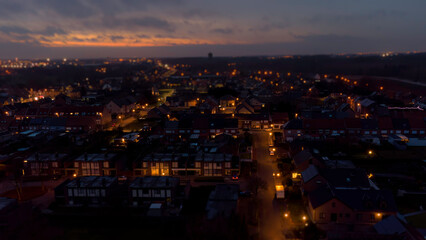 Aerial view over the Flemish town of Baasrode (in Dendermonde municipality), at nightfall