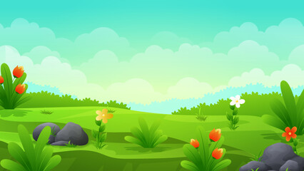 Beautiful cartoon Grassland with Flower, bushes and trees, landscape vector illustration