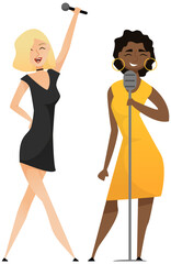 Group of beautiful girls sing song into microphone enjoying karaoke performance, singer having fun on stage. Female presenter speaks at festival isolated on white. Multinational girls music band