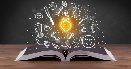 Open recipe book with food related icons above