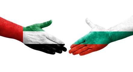 Handshake between Bulgaria and UAE flags painted on hands, isolated transparent image.