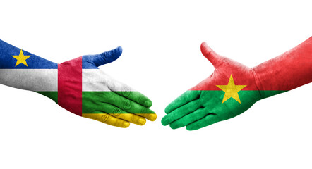 Handshake between Burkina Faso and Central African Republic flags painted on hands, isolated transparent image.