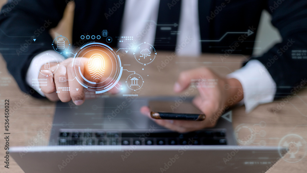 Aufkleber security of future technology and cybernetics on the internet, finger scanning allows access to secu