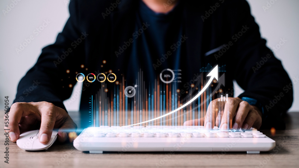 Poster people using tablets and using his finger to touch the screen with a business graph showing up in a 