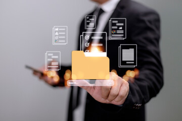 Uploading documents from folder. Open File folder with flying blank documents. Data transfer...