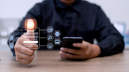 Fingerprint scanning and biometric authentication, processing of biometric for access personal data. surveillance and security scanning of digital programs cyber futuristic applications