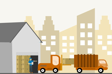 Fototapeta na wymiar forklift box truck for placing delivery cars. storage services, Warehouse Equipment, cargo delivery. Vector illustration