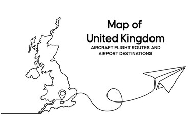 Obraz premium Continuous one line drawing of United kingdom domestic aircraft flight routes. United kingdom map icon and airplane path of airplane flight route with starting point location. vector illustration