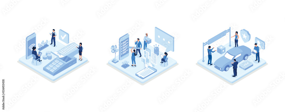 Poster wireless and contactless payment method, people character holding pencil and putting check mark on c