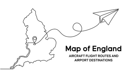 Continuous one line drawing of England domestic aircraft flight routes. England map icon and airplane path of airplane flight route with starting point location in doodle style. vector illustration