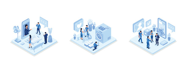 People characters talking with customer support, Financial crime prevention and money laundering concept,Customers having dialog with chatbot on smartphone, isometric vector modern illustration