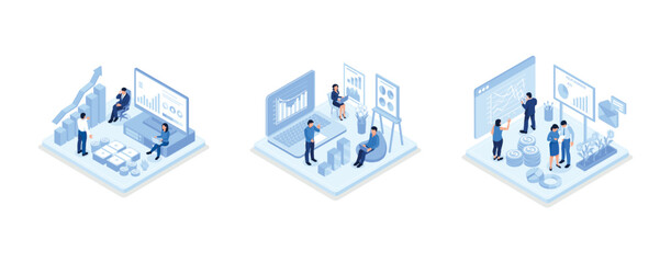 Characters analyzing financial data and planning investment strategy, People examining financial graphs, charts and diagrams, Financial research concept, isometric vector modern illustration