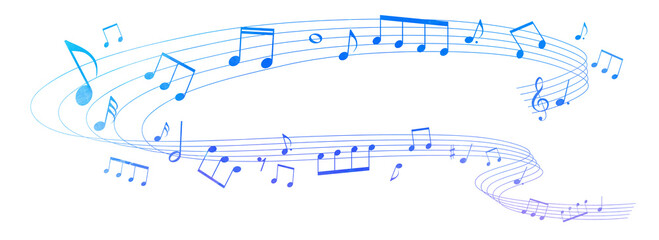 青紫色の夜空をイメージした五線譜の背景イラスト　音符、休符、音楽記号のイラスト