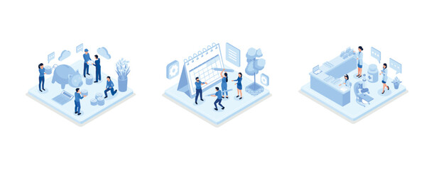 People Characters Collecting Gold Coins in Piggy Bank, People Characters Filling Planning Schedule, Doctor Pharmacist in Drugstore points on Medical Prescription, isometric vector modern illustration
