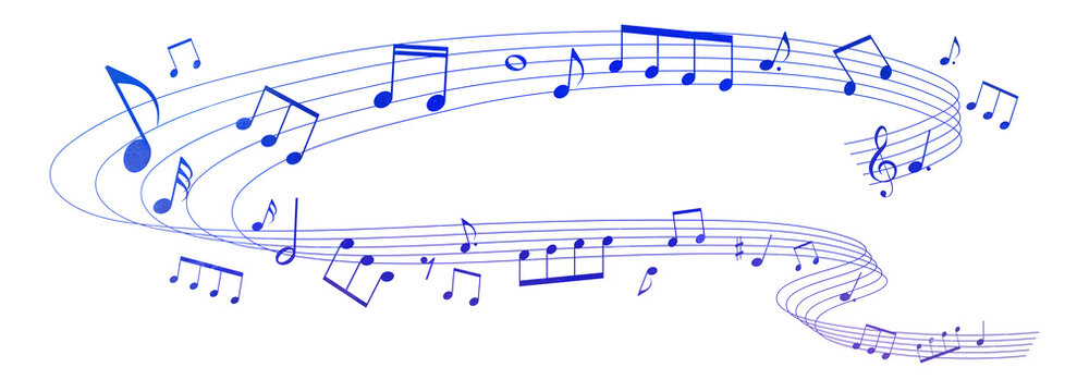 青紫色の夜空をイメージした五線譜の背景イラスト　音符、休符、音楽記号のイラスト