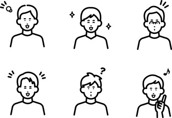 ポジティブな表情の男性のアバターイラストセット　線画のみ