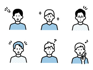 ポジティブな表情の男性のアバターイラストセット