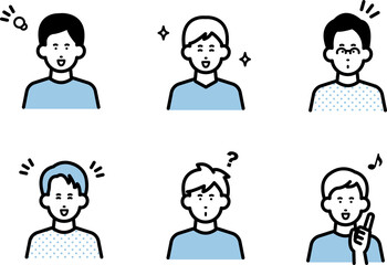 ポジティブな表情の男性のアバターイラストセット