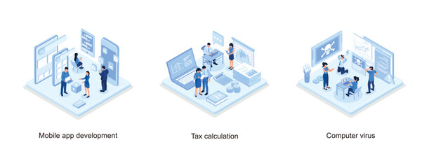 Mobile app development concept banner with characters, Financial Consultant sitting at Office Desk with Documents for Tax Calculation, Computer virus concept with character and text place, isometric v