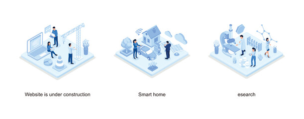 Website under construction concept with characters, Smart house with solar panel and electric car, Medical research concept, isometric vector modern illustration