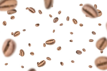 Coffee beans fall background. Black espresso coffee bean falling. Aromatic grain flying isolated on white. Concept for coffee product advertising.