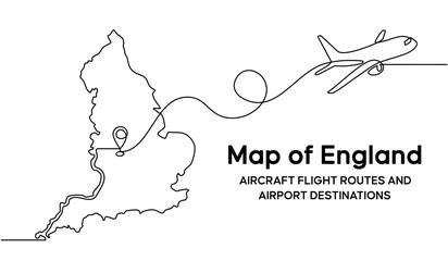 Continuous one line drawing of England domestic aircraft flight routes. England map icon and airplane path of airplane flight route with starting point location in doodle style. vector illustration